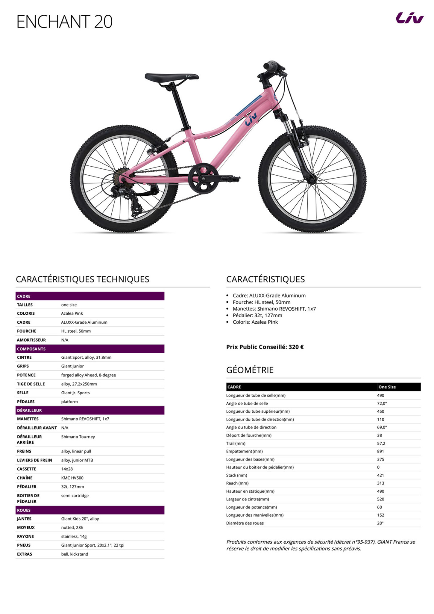 Fiche technique du velo Enchant Disc 20